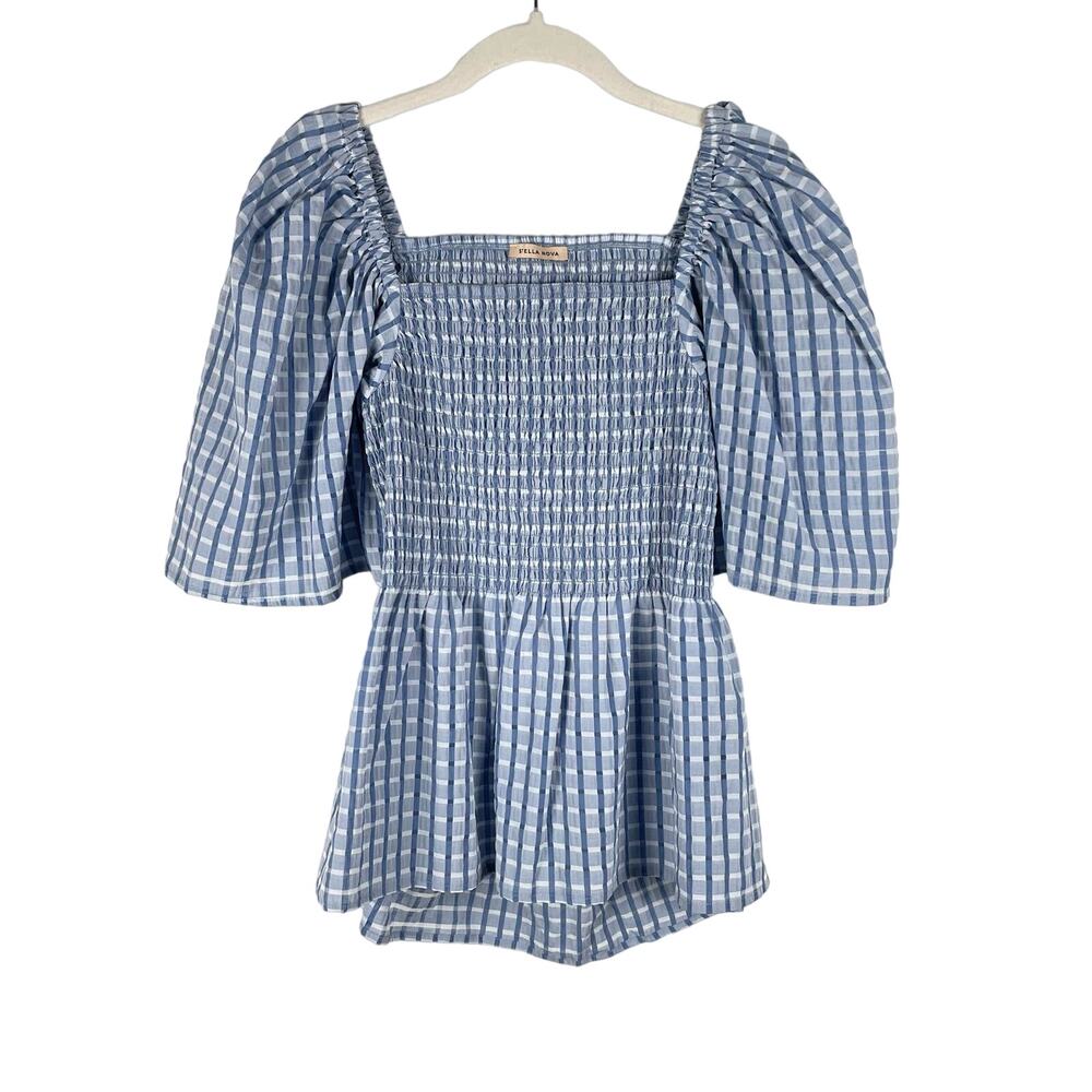 Anthropologie Stella Nova Penelope Smocked Blouse US 6 Blue Plaid Check Cutout